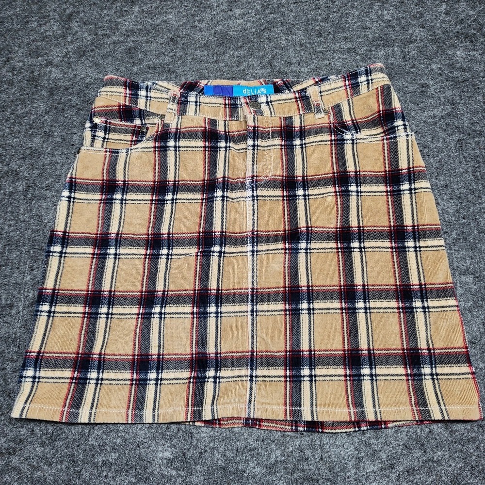 Delias Y2K Vintage Juniors Corduroy Plaid 5 Pocket Skirt Tartan Brown Red 7/8